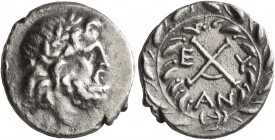 ACHAIA, Achaian League. Antigoneia (Mantineia). Circa 188-180 BC. Tetrobol (Silver, 15 mm, 2.33 g, 12 h). Laureate head of Zeus to right. Rev. Achaean...