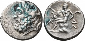 ARKADIA, Arkadian League. Circa 175-168 BC. Triobol (Silver, 15 mm, 2.39 g, 4 h), Megalopolis. Laueate head of Zeus to left. Rev. Pan seated left on r...