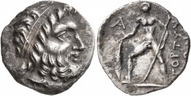 CRETE. Gortyna. Circa 98/6-94 BC. Drachm (Silver, 17 mm, 2.82 g, 12 h). Diademed head of Zeus to right. Rev. ΓΟΡΤΥΝ[Ι]-ΩΝ Naked warrior standing left,...