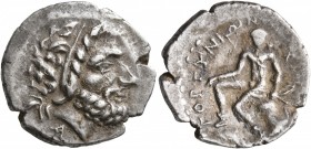 CRETE. Gortyna. Circa 98/6-94 BC. Drachm (Silver, 18 mm, 3.25 g, 1 h). Diademed head of Zeus to right; below neck; A. Rev. ΓΟΡΤΥΝΙΩΝ Apollo seated lef...