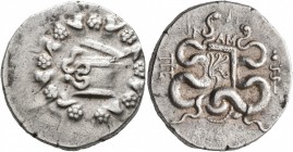 MYSIA. Pergamon. Circa 166-67 BC. Cistophorus (Silver, 25 mm, 12.68 g, 11 h), circa 95-92. Cista mystica from which snake coils; around, ivy wreath wi...