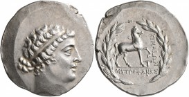 AEOLIS. Kyme. Circa 155-143 BC. Tetradrachm (Silver, 31 mm, 16.93 g, 1 h), Metrophanes, magistrate. Diademed head of the Amazon Kyme to right. Rev. KY...