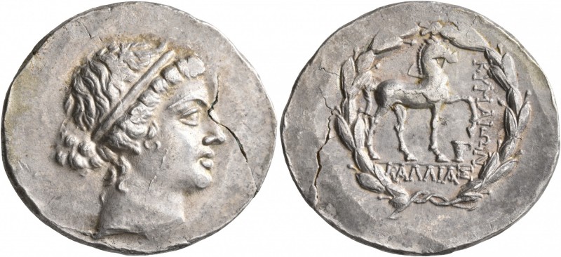 AEOLIS. Kyme. Circa 155-143 BC. Tetradrachm (Silver, 33 mm, 16.19 g, 1 h), Kalli...