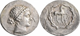 AEOLIS. Kyme. Circa 155-143 BC. Tetradrachm (Silver, 33 mm, 16.19 g, 1 h), Kallias, magistrate. Diademed head of the Amazon Kyme to right. Rev. KYMAIΩ...