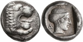 CARIA. Knidos. Circa 411-405/4 BC. Drachm (Silver, 17 mm, 6.20 g, 3 h). Forepart of a roaring lion to right. Rev. Head of Aphrodite to right, her hair...