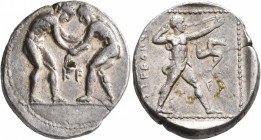 PAMPHYLIA. Aspendos. Circa 380/75-330/25 BC. Stater (Silver, 24 mm, 10.78 g, 5 h). Two nude wrestlers, standing and grappling with each other; between...