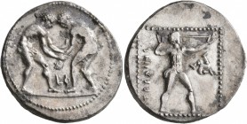 PAMPHYLIA. Aspendos. Circa 380/75-330/25 BC. Stater (Silver, 23 mm, 10.73 g, 12 h). Two nude wrestlers, standing and grappling with each other; betwee...
