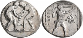 PAMPHYLIA. Aspendos. Circa 380/75-330/25 BC. Stater (Silver, 23 mm, 11.00 g, 12 h). Two nude wrestlers, standing and grappling with each other; betwee...