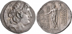 SELEUKID KINGS OF SYRIA. Antiochos VIII Epiphanes (Grypos), 121/0-97/6 BC. Tetradrachm (Silver, 30 mm, 16.46 g, 1 h), Damascus, SE 195 = 188/7 BC. Dia...