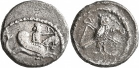 PHOENICIA. Tyre. ‘Uzzimilk, circa 347-332 BC. Shekel (Silver, 20 mm, 7.87 g, 1 h), RY 12 = 338/7. Bearded male deity, holding reins and bow, riding hi...