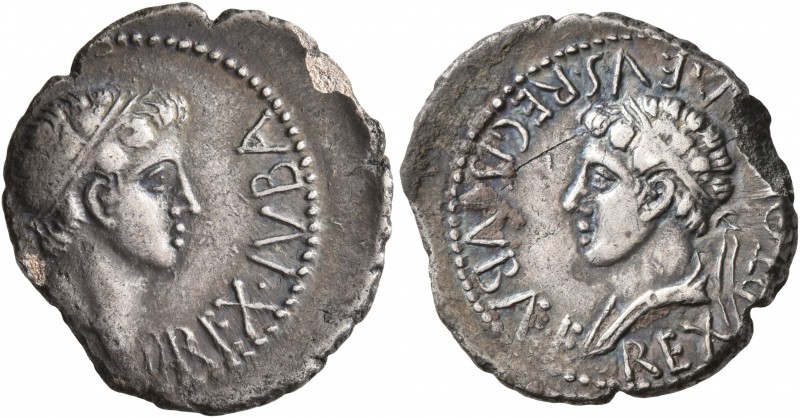 KINGS OF MAURETANIA. Juba II, with Ptolemy, 25 BC-AD 24. Denarius (Silver, 19 mm...