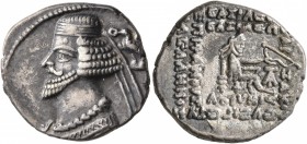 KINGS OF PARTHIA. Phraates IV, circa 38-2 BC. Drachm (Silver, 19 mm, 4.00 g, 12 h), Ekbatana. Diademed and draped bust of Phraates IV to left; being c...
