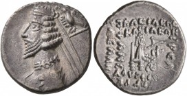KINGS OF PARTHIA. Phraates IV, circa 38-2 BC. Drachm (Silver, 19 mm, 3.85 g, 1 h), Rhagai. Diademed and draped bust of Phraates IV to left; being crow...