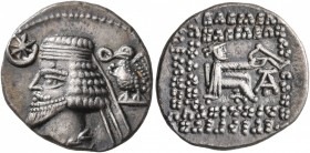 KINGS OF PARTHIA. Phraates IV, circa 38-2 BC. Drachm (Silver, 19 mm, 3.79 g, 12 h), Ekbatana. Diademed and draped bust of Phraates IV to left, being c...