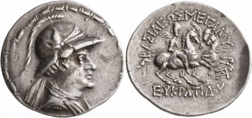 EARLY SKYTHIANS, Imitating Eukratides I of Baktria. Tetradrachm (Silver, 35 mm, 16.78 g, 12 h), late 2nd-early 1st century BC. Diademed and draped bus...