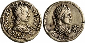 KINGS OF BOSPORUS. Rhescuporis II, with Elagabalus, 211/2-226/7. Stater (Electrum, 20 mm, 7.67 g, 11 h), BE 516 = 219/20. BACIΛЄωC ΡHCKOΥΠOΡIΔOC Diade...
