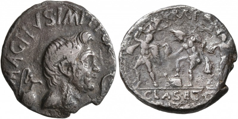 Sextus Pompey, † 35 BC. Denarius (Silver, 17 mm, 3.42 g, 3 h), military mint in ...