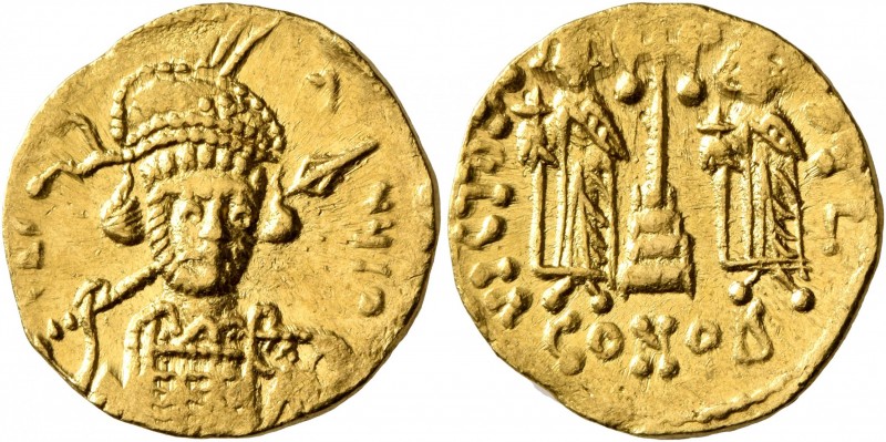 Constantine IV Pogonatus, with Heraclius and Tiberius, 668-685. Solidus (Gold, 1...