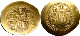 Romanus IV Diogenes, with Eudocia, Michael VII, Constantius, and Andronicus, 1068-1071. Histamenon (Gold, 27 mm, 4.28 g, 7 h), Constantinopolis. +RωmA...