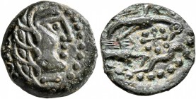 CELTIC, Northwest Gaul. Carnutes. Circa 50-30 BC. AE (Bronze, 16 mm, 3.22 g, 1 h). Celticized head to right. Rev. Two eagles flying right; to left, pe...