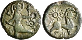CELTIC, Northeast Gaul. Bellovaci. Circa 60-30/25 BC. AE (Bronze, 16 mm, 3.33 g, 4 h). Celticized figure running right; to right, annulet above spiral...