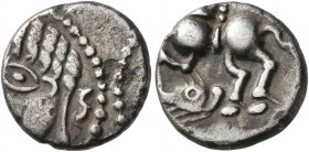 CELTIC, Northeast Gaul. Leuci. Circa 100-50 BC. Quinarius (Silver, 12 mm, 1.75 g, 7 h), Solima. [SOLIMA] Male head to left; behind, S. Rev. [COΛΙΜΑ] H...