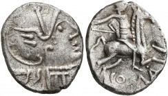 CELTIC, Southern Gaul. Allobroges. Circa 61-40 BC. Quinarius (Silver, 16 mm, 2.17 g, 6 h). [BRI] Head of Roma to right, wearing winged helmet. Rev. CO...
