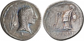 CELTIC, Middle Danube. Eravisci. Mid to late 1st century BC. Denarius (Silver, 18 mm, 3.53 g, 12 h). Head of Juno Sospita to right, wearing goat skin ...