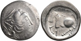 CELTIC, Carpathian region. Uncertain tribe. Circa 2nd century BC. Tetradrachm (Silver, 24 mm, 8.39 g, 9 h), 'Sattelkopfpferd' type, imitating Philip I...