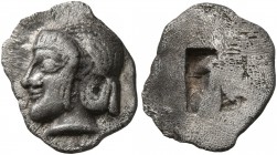 GAUL. Massalia. Circa 475-460 BC. Obol (Silver, 11 mm, 0.85 g), Phokaic standard. Archaic head of Apollo to left, wearing taenia. Rev. Rough incuse sq...