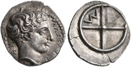 GAUL. Massalia. Circa 410-380 BC. Obol (Silver, 10 mm, 0.79 g). MAΣΣAΛIΩ-TAN Bare head of Apollo to right. Rev. Wheel of four spokes; M in one quarter...