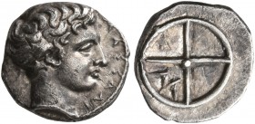 GAUL. Massalia. Circa 410-380 BC. Obol (Silver, 10 mm, 0.75 g). MAΣΣAΛI-[ΩTAN] Bare head of Apollo to right. Rev. Wheel of four spokes; M in one quart...