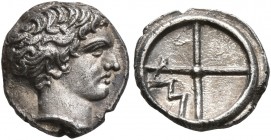 GAUL. Massalia. Circa 410-380 BC. Obol (Silver, 9 mm, 0.84 g). [MAΣΣAΛIΩ-TAN] Bare head of Apollo to right. Rev. Wheel of four spokes; M in one quarte...