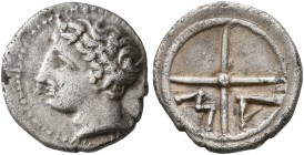 GAUL. Massalia. Circa 310-250 BC. Obol (Silver, 11 mm, 0.81 g). Bare head of Apollo to left. Rev. M-A within wheel of four spokes. Maurel 367 ff. Ligh...