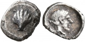 CALABRIA. Tarentum. Circa 470-450 BC. Hemilitron (Silver, 8 mm, 0.34 g, 1 h). Cockle shell. Rev. Female head to right. HN Italy 841. Vlasto 1175-9. Ed...