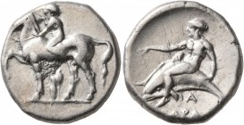 CALABRIA. Tarentum. Circa 380-375/0 BC. Didrachm or Nomos (Silver, 21 mm, 7.74 g, 6 h). Nude youth riding horse walking to left, raising his right han...