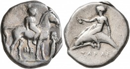 CALABRIA. Tarentum. Circa 365-355 BC. Didrachm or Nomos (Silver, 21 mm, 7.72 g, 11 h). Nude youth riding horse standing right, holding bridle with his...