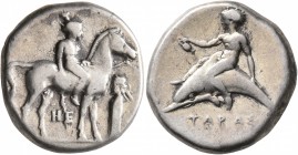 CALABRIA. Tarentum. Circa 365-355 BC. Didrachm or Nomos (Silver, 21 mm, 7.59 g, 11 h). Nude youth riding horse standing right, holding bridle with his...