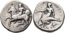 CALABRIA. Tarentum. Circa 344-340 BC. Didrachm or Nomos (Silver, 21 mm, 7.78 g, 2 h). Nude warrior riding horse galloping to left, holding bridles in ...