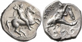 CALABRIA. Tarentum. Circa 332-302 BC. Didrachm or Nomos (Silver, 21 mm, 7.78 g, 7 h), Sim... and Philis..., magistrates. Nude rider on horse galloping...