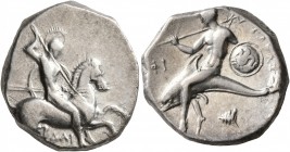 CALABRIA. Tarentum. Circa 302-290 BC. Didrachm or Nomos (Silver, 20 mm, 7.85 g, 2 h), Dai... and Phi..., magistrates. Nude rider on horse galloping to...