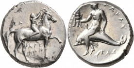 CALABRIA. Tarentum. Circa 302-280 BC. Didrachm or Nomos (Silver, 21 mm, 8.00 g, 9 h), Sa..., Arethon and Cas..., magistrates. Nude youth riding horse ...
