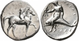 CALABRIA. Tarentum. Circa 302-280 BC. Didrachm or Nomos (Silver, 22 mm, 7.87 g, 7 h), Sa..., Arethon and Cas..., magistrates. Nude youth riding horse ...