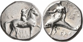 CALABRIA. Tarentum. Circa 302-280 BC. Didrachm or Nomos (Silver, 20 mm, 7.94 g, 9 h), Sa..., Arethon and Cas..., magistrates. Nude youth riding horse ...