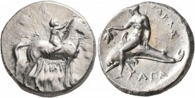 CALABRIA. Tarentum. Circa 302-280 BC. Didrachm or Nomos (Silver, 22 mm, 7.94 g, 5 h), Sa..., Philiarchos and Aga..., magistrates. Nude youth riding ho...