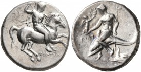 CALABRIA. Tarentum. Circa 280-272 BC. Didrachm or Nomos (Silver, 21 mm, 6.47 g, 1 h), Ey..., Phintylos and Poly..., magistrates. Nude rider on horse g...