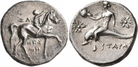 CALABRIA. Tarentum. Circa 280-272 BC. Didrachm or Nomos (Silver, 21 mm, 6.36 g, 12 h), Zo..., Neume... and Poly..., magistrates. Nude youth riding hor...