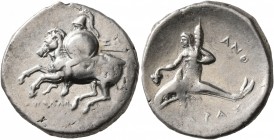 CALABRIA. Tarentum. Circa 280-272 BC. Didrachm or Nomos (Silver, 22 mm, 6.59 g, 2 h), Zo..., Apollo... and Anth..., magistrates. Warrior on horse gall...