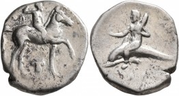 CALABRIA. Tarentum. Circa 280-272 BC. Didrachm or Nomos (Silver, 22 mm, 6.33 g, 12 h), Zo..., Zalo... and Anth..., magistrates. Nude youth riding hors...