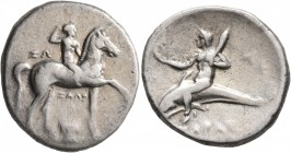 CALABRIA. Tarentum. Circa 280-272 BC. Didrachm or Nomos (Silver, 22 mm, 6.46 g, 9 h), Zo..., Zalo... and Anth..., magistrates. Nude youth riding horse...
